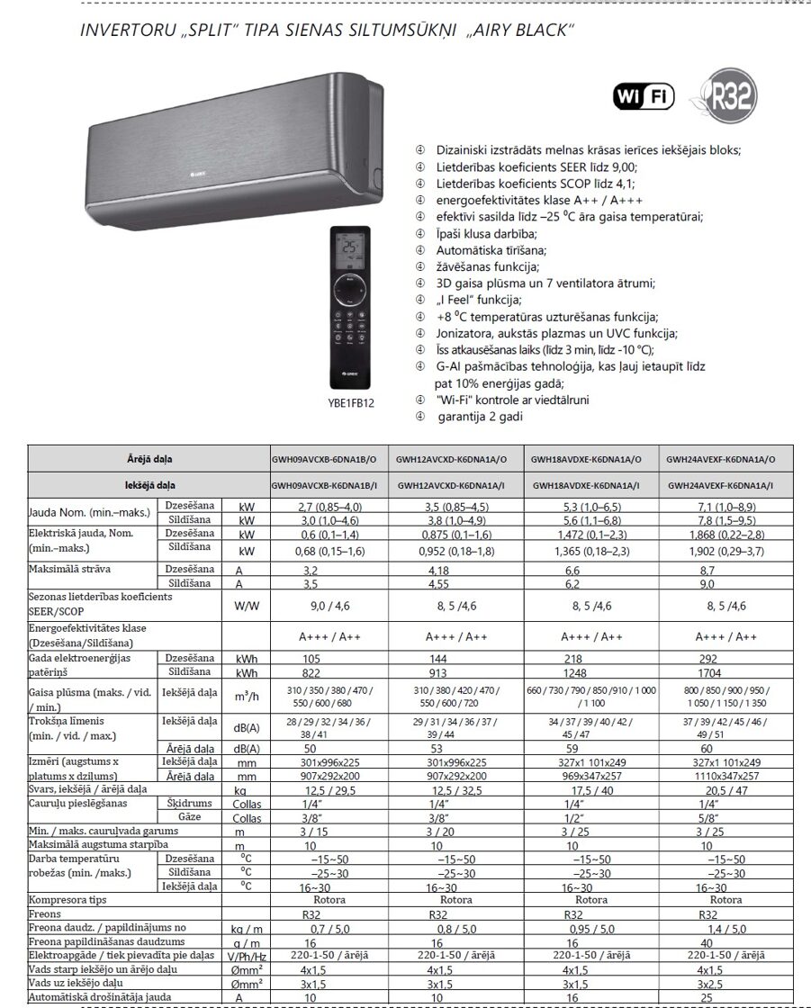 Sienas siltumsūknis gaiss/gaiss GREE Airy Black 7.1 / 7.8 kW, R32 -25°C
